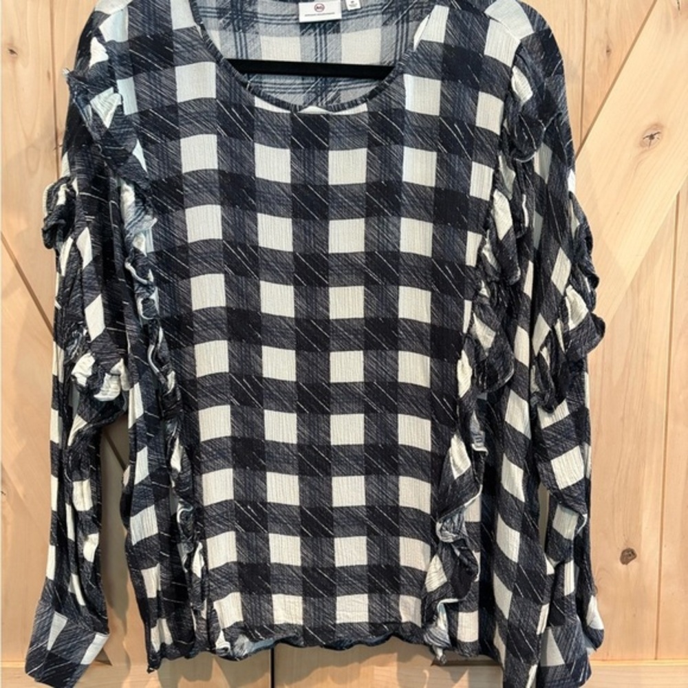 AG Women's Black and White Checkered Ruffle Top NWOT - Picture 2 of 6